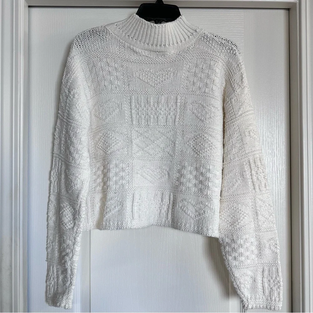 90’s “Absolutely Cotton” Creamy White Cable Knit Textured Hearts Sweater - Picture 2 of 8